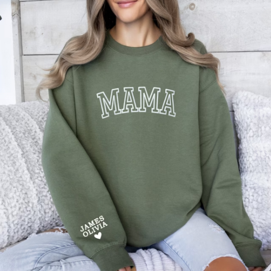 Personalized Mama Sweatshirt with Kids Names on Sleeve and Title at the Front