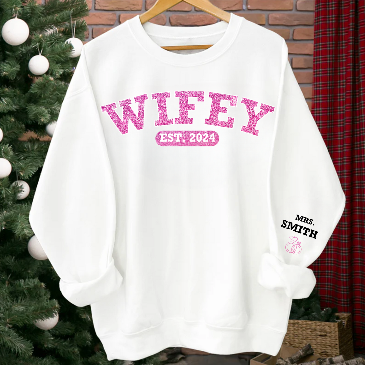 Custom Wifey Est - Couple Personalized Unisex Sweatshirt With Design On Sleeve - Gift For Husband Wife, Anniversary