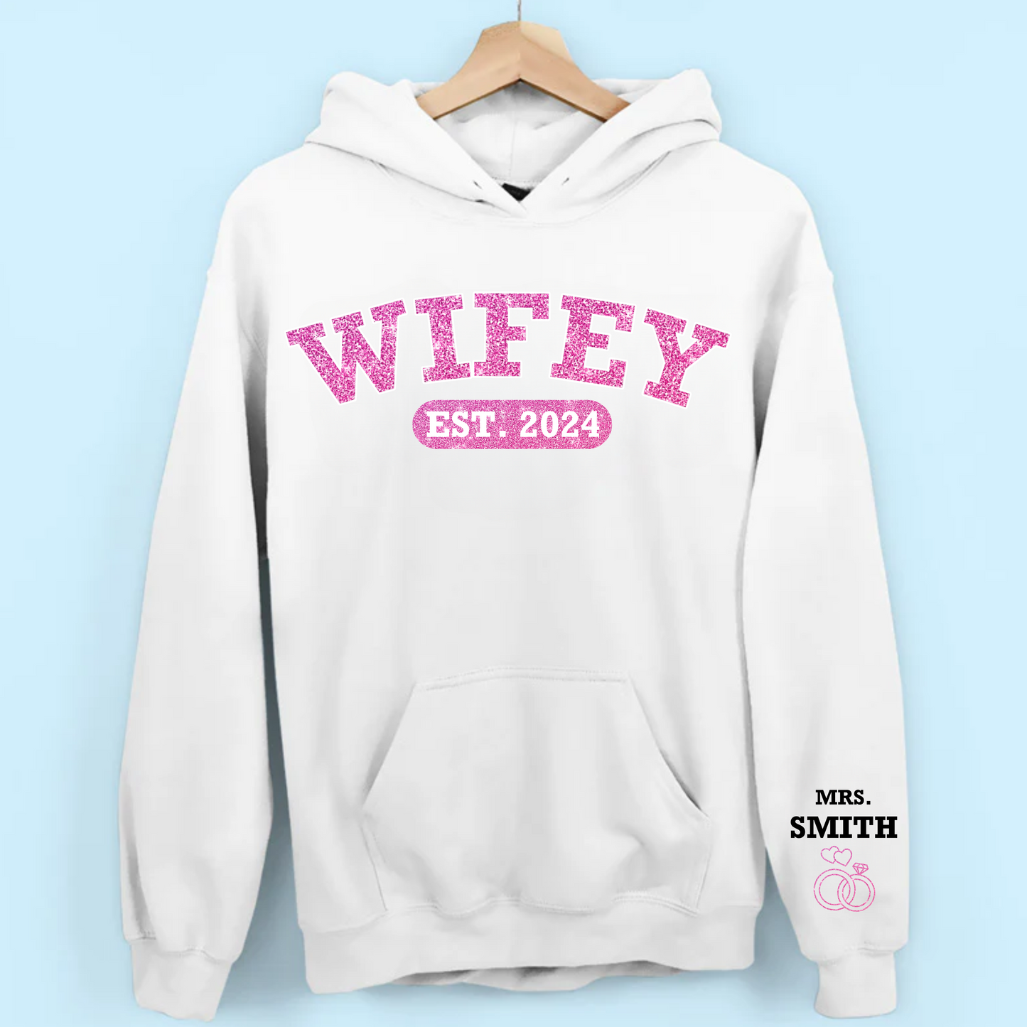 Custom Wifey Est - Couple Personalized Unisex Sweatshirt With Design On Sleeve - Gift For Husband Wife, Anniversary